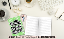 Load image into Gallery viewer, Dream Believe Achieve - 6x9 Green Polka Dots Journal