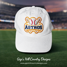Load image into Gallery viewer, Houston Astros inspired baseball hat front view on stadium field background, embroidered patch detail sports cap