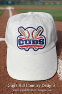 Embroidered Cubs baseball hat with baseball and crossed bats design on white cap