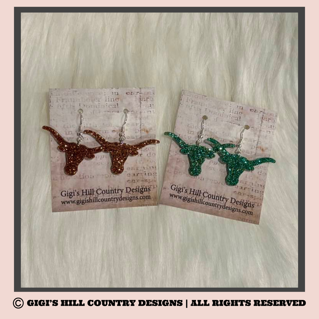 Glittery Longhorn Head Earrings