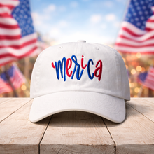 Load image into Gallery viewer, Classic white ‘Merica hat featuring bold red and blue embroidery.

