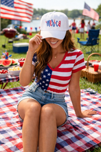 Load image into Gallery viewer, White ‘Merica patriotic hat with red white blue embroidery worn at 4th of July picnic
